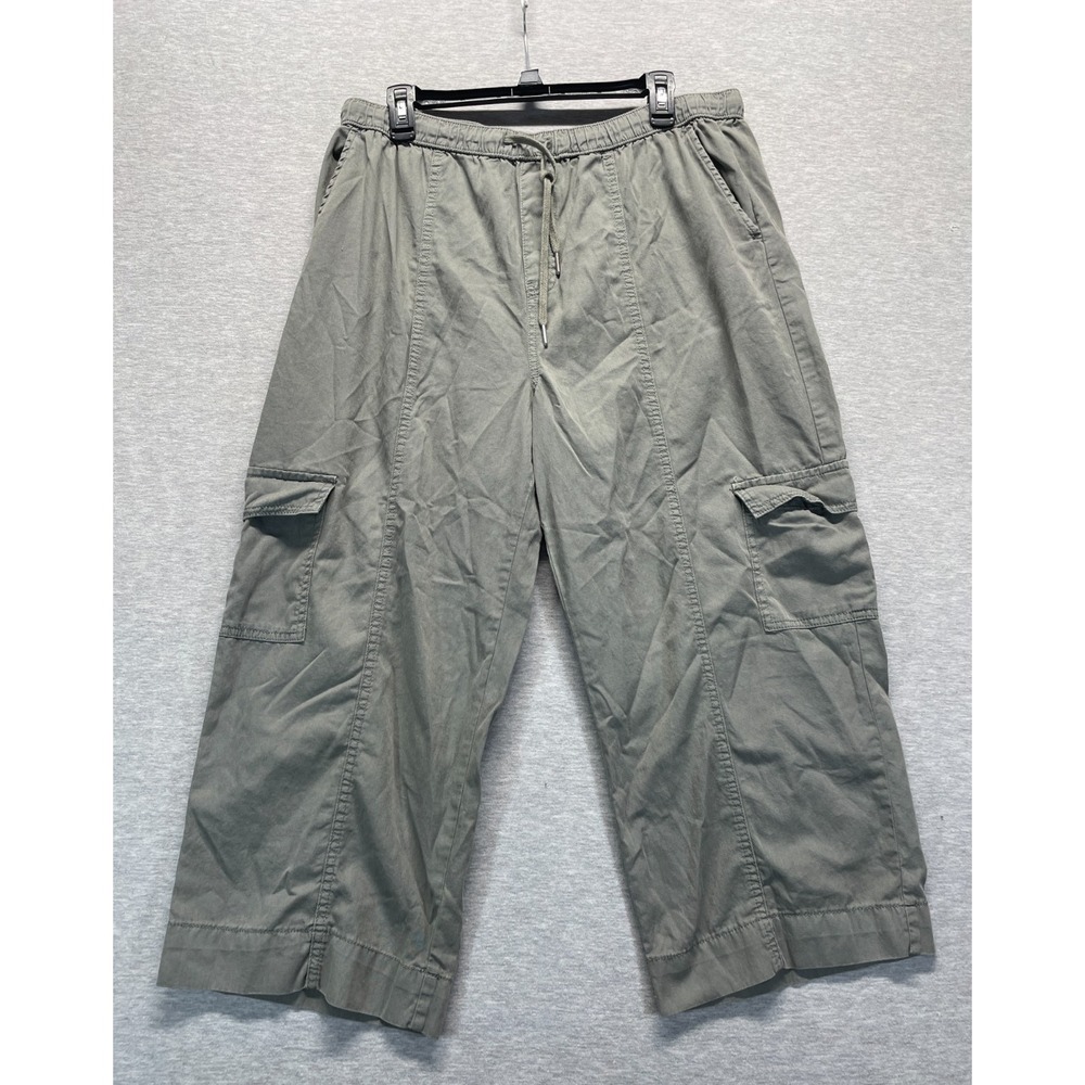 Revery Cropped Cargo Pants Womens XL Olive Green Wide Leg Drawstring Waist